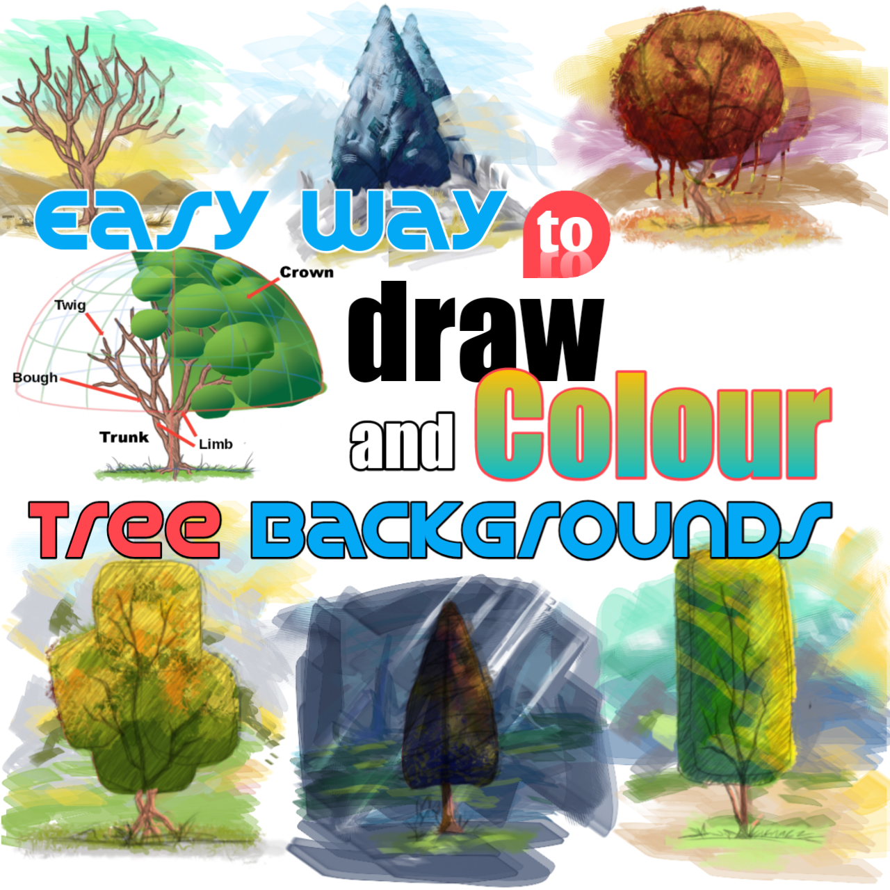 drawings of trees with leaves colored