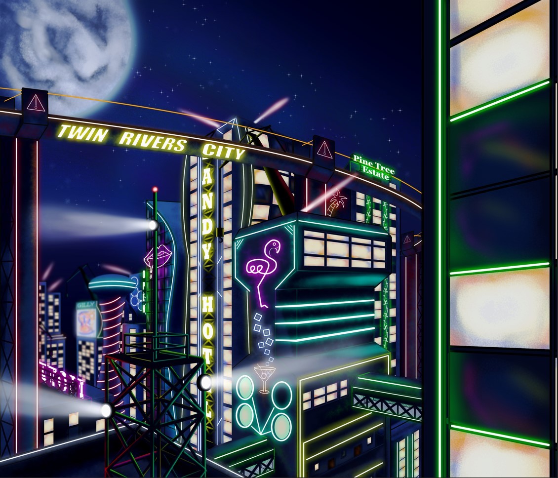 Sci-fi Fantasy City, Cyberpunk Buildings Illustration. Neon Colors