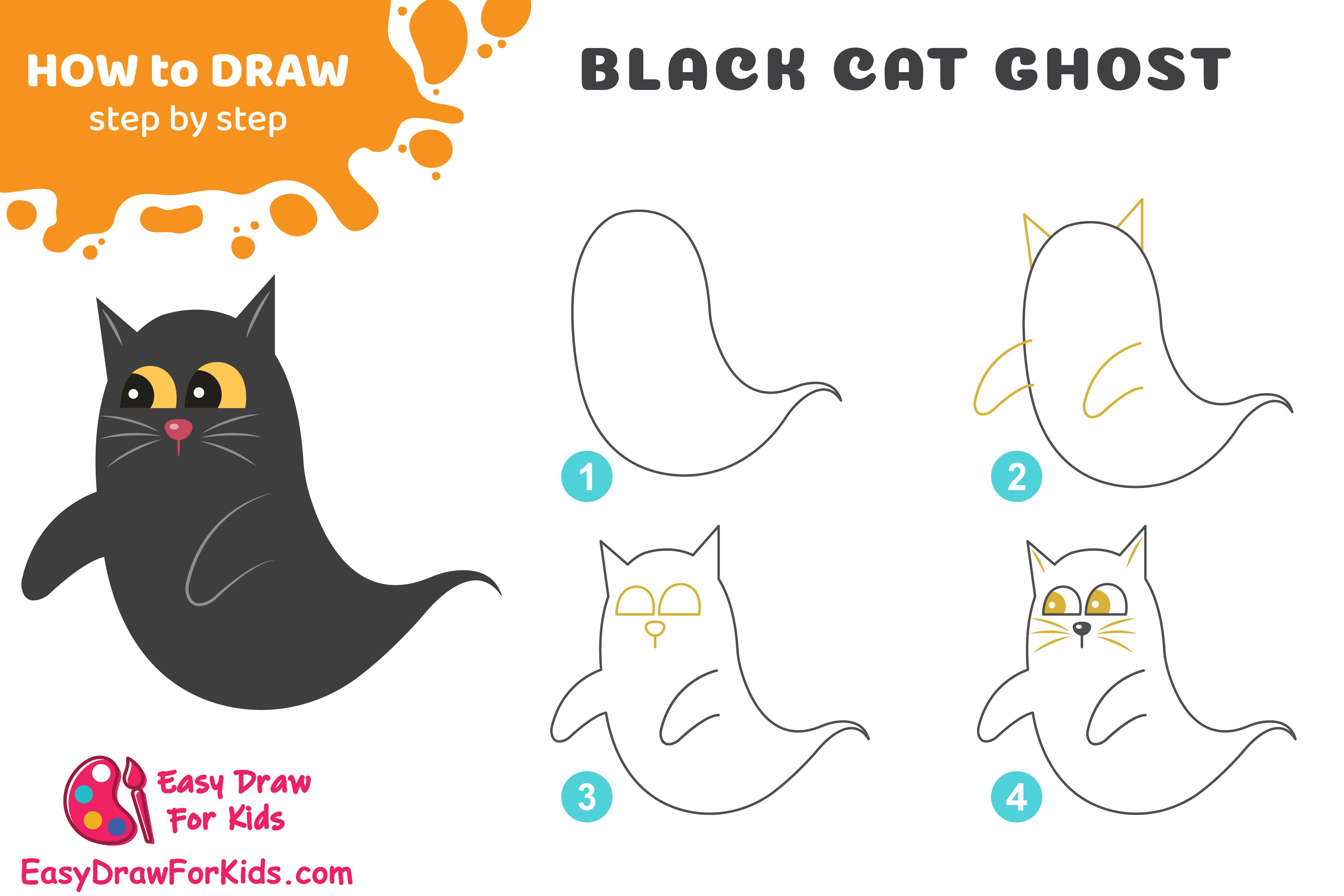 How to Draw a Black Cat Ghost Step by Step by Easydrawforkids