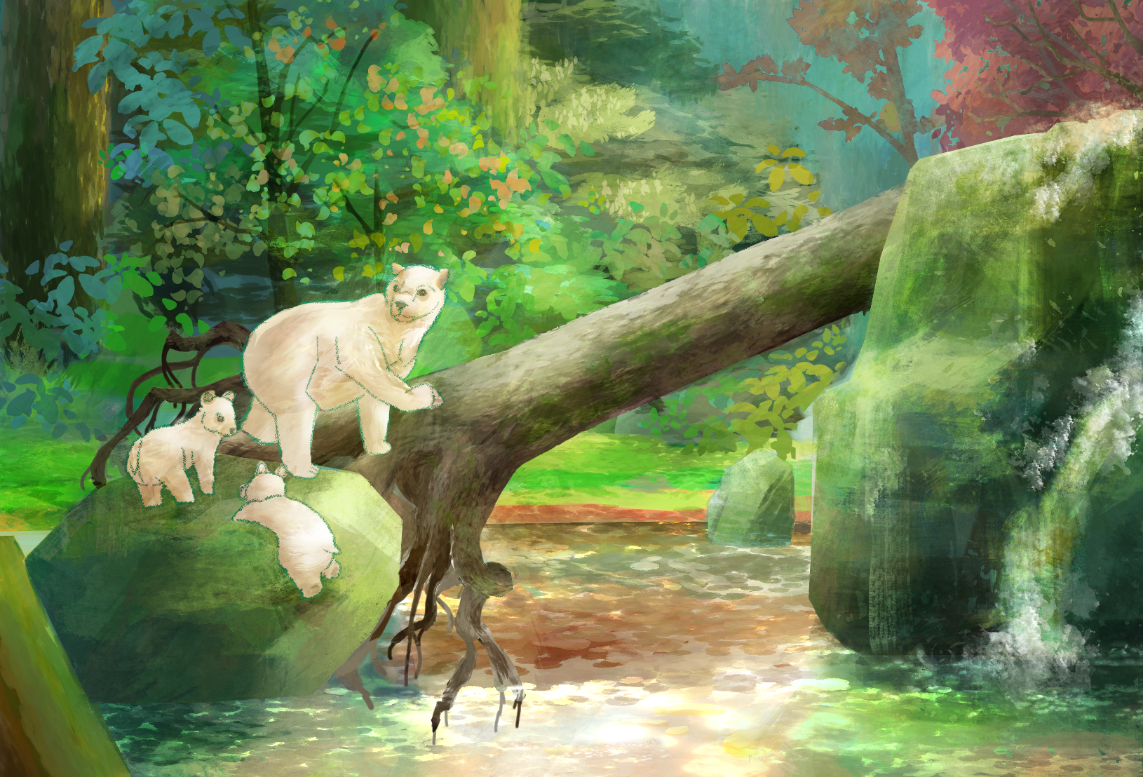 スピリットベア、木、石、川、自然の風景の絵 by 黑色林檎 - お絵かき  