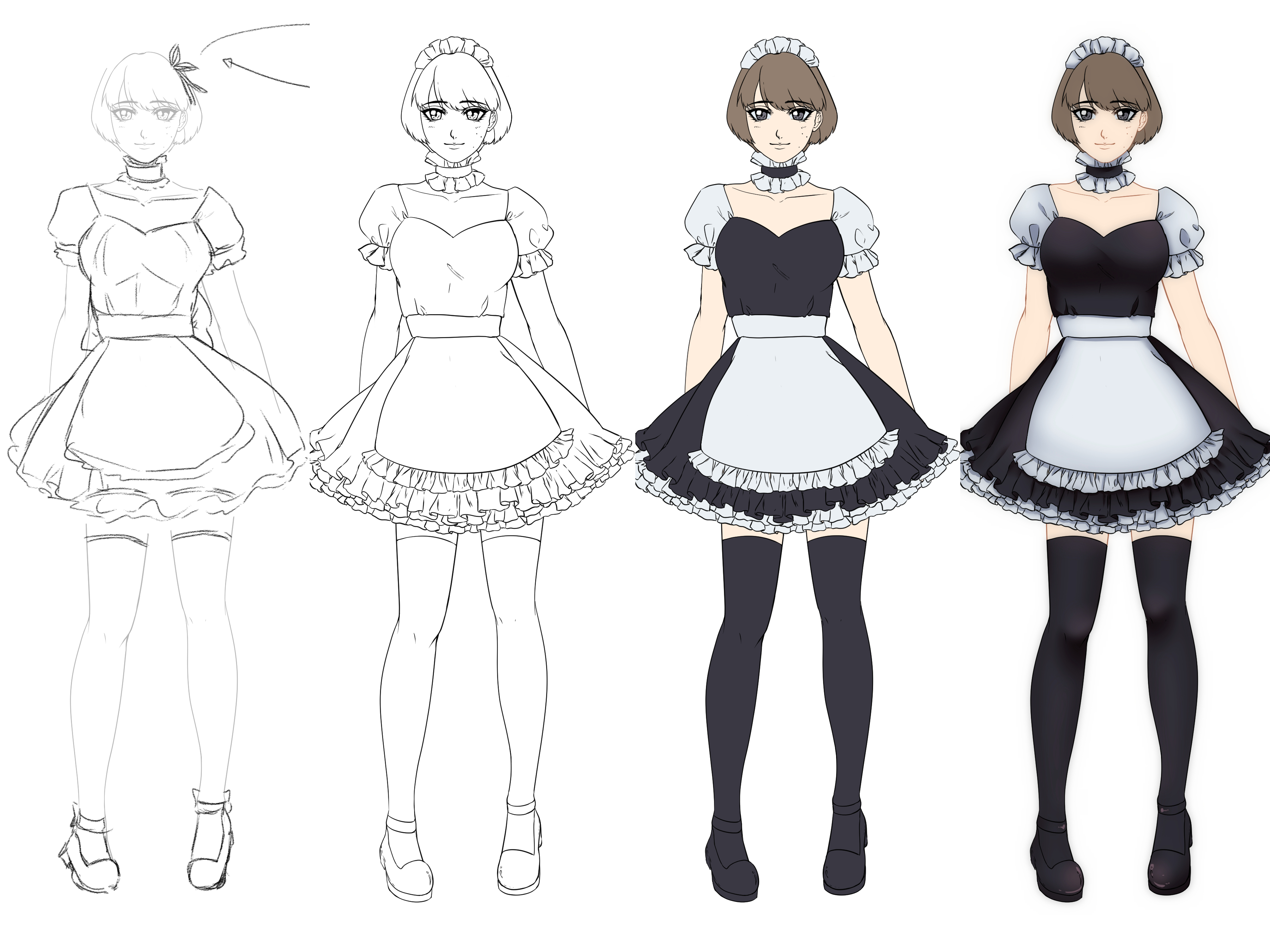 Featured image of post How To Draw Anime Maid Outfit Maid uniforms come in multiple styles so i ll be showing you guys how to draw some of my favorite styles but regardless of styles the main components of a maid you can also color in your outfit by using gradients inverting colors or swapping them manually and adding lace and other textures to it