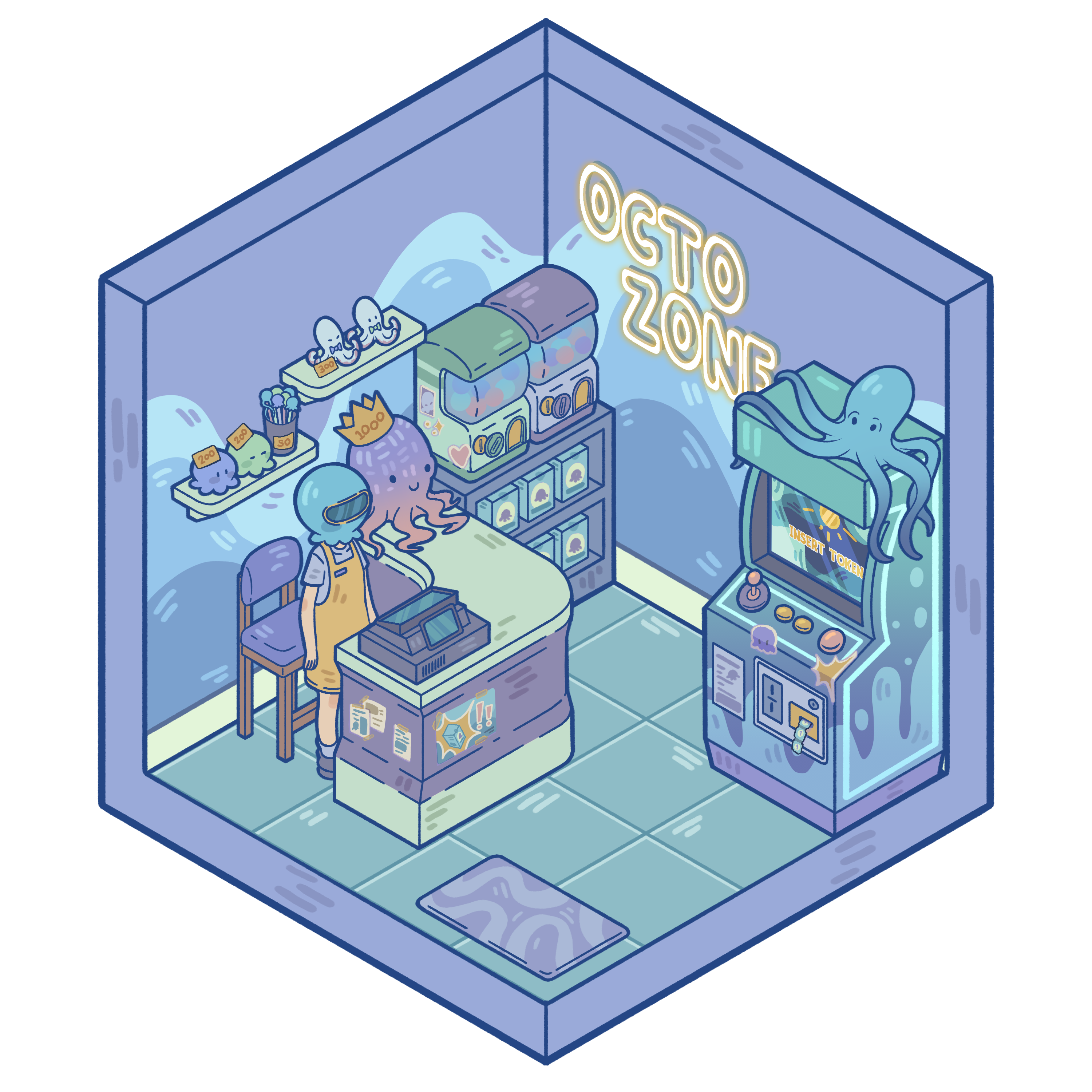 アイソメトリックジオラマイラスト: タコをテーマにしたミニアーケード